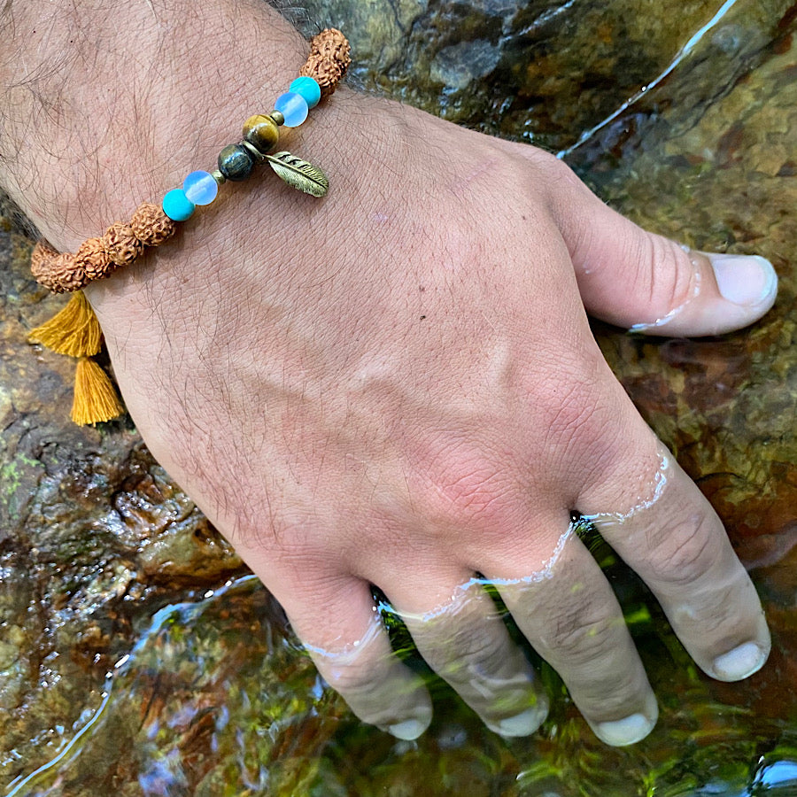 Feather wrist Mala Beads mens yoga bracelet, rudraksha, turquoise, quartz, tigers eye
