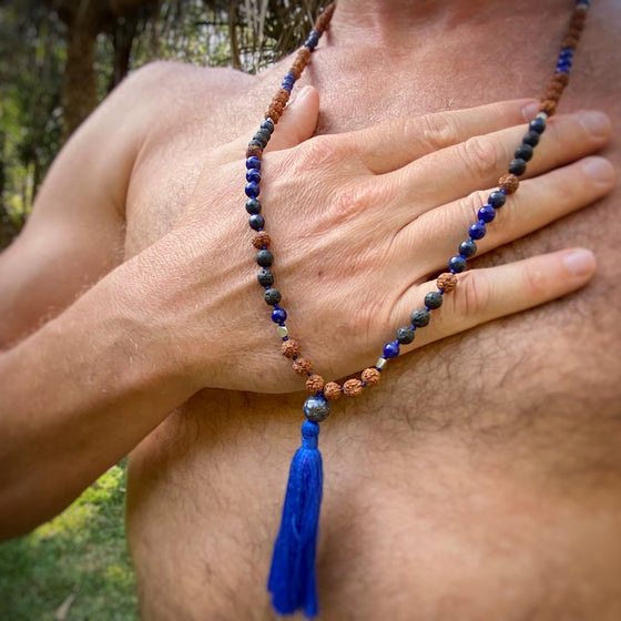 Mens Mala Prayer Beads yoga necklace Lapis Lazuli, Lava, rudraksha DEEP SEA
