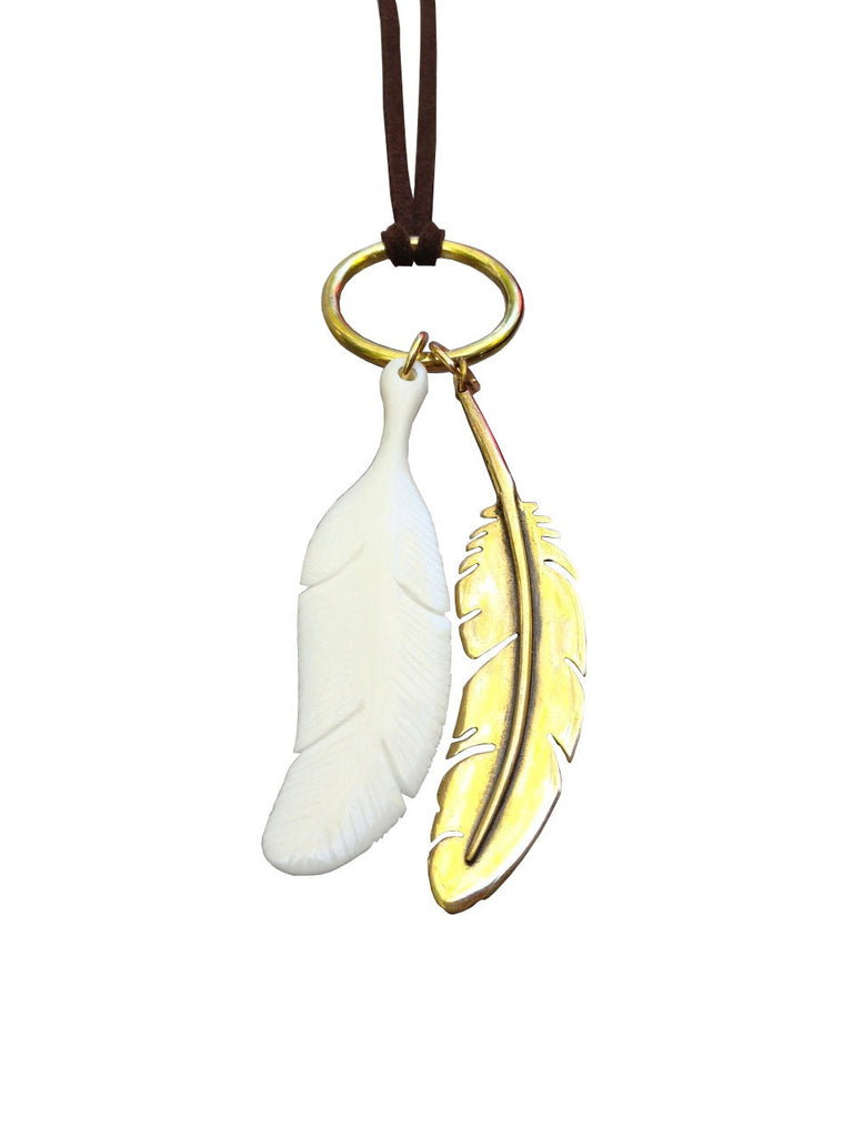 Brass & carved Feather pendants on leather Necklace