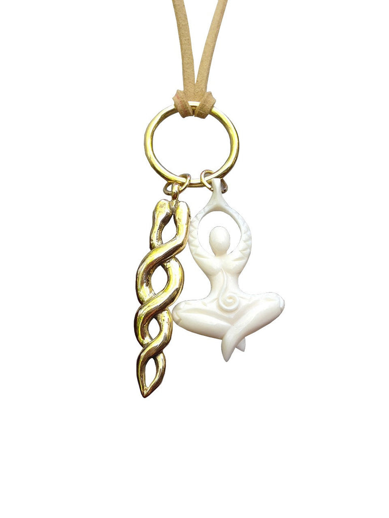 Brass Kundalini pendant and carved Yogini Goddess on leather Necklace
