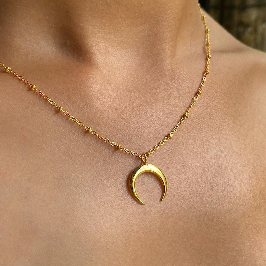 Crescent Moon Gold necklace with freshwater Pearls