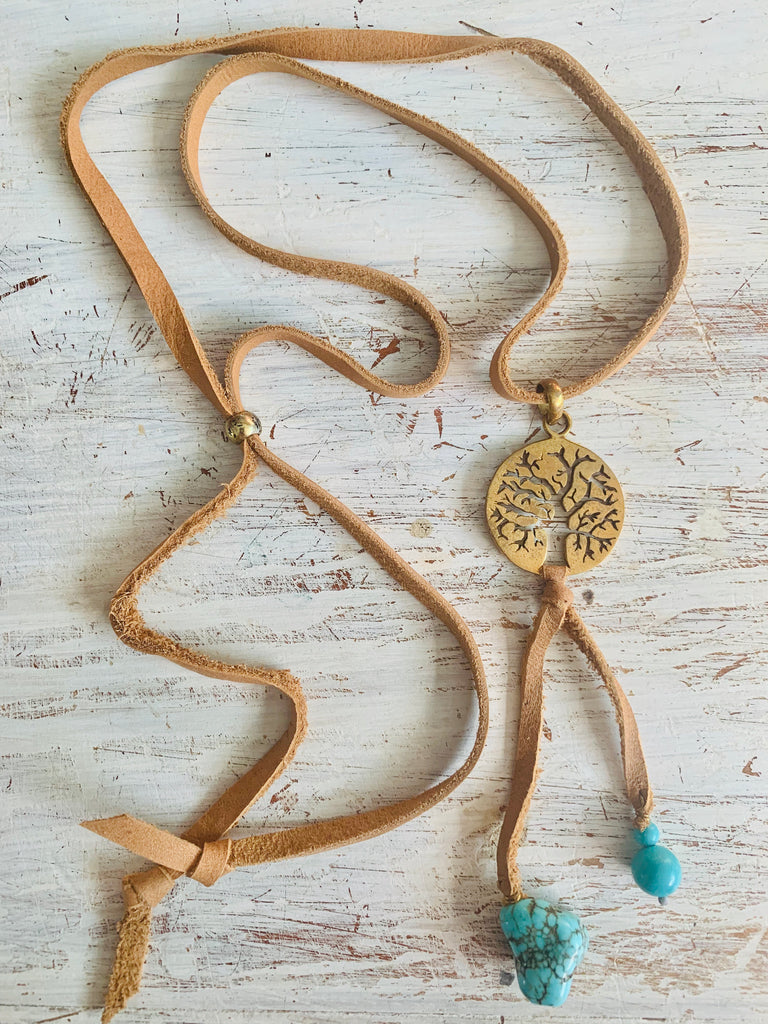 Brass Tree Of Life & Turquoise Boho Suede necklace - Heart Mala