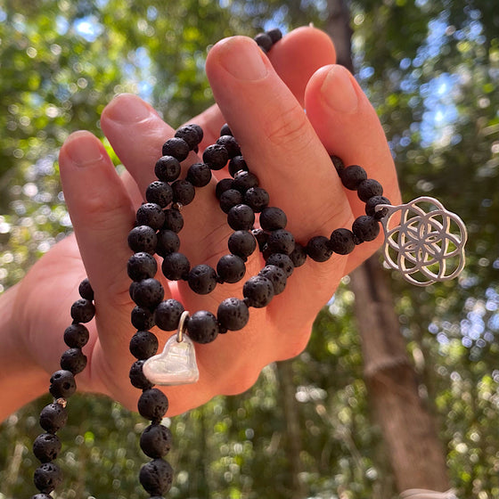 Lava Mala Prayer Beads mens yoga necklace silver Seed Of Life sacred geometry pendant