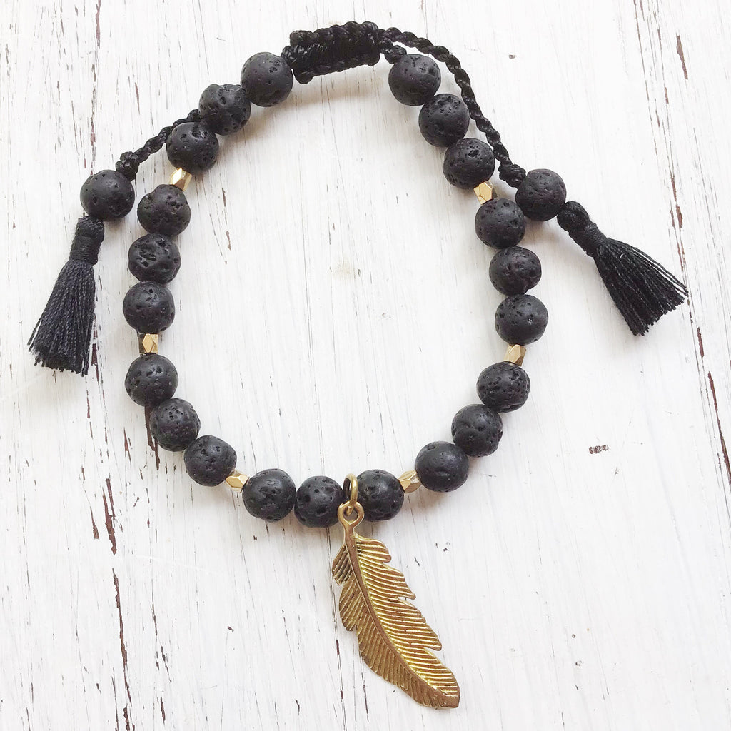 Lava Mala Beads Yoga Bracelet brass feather charm