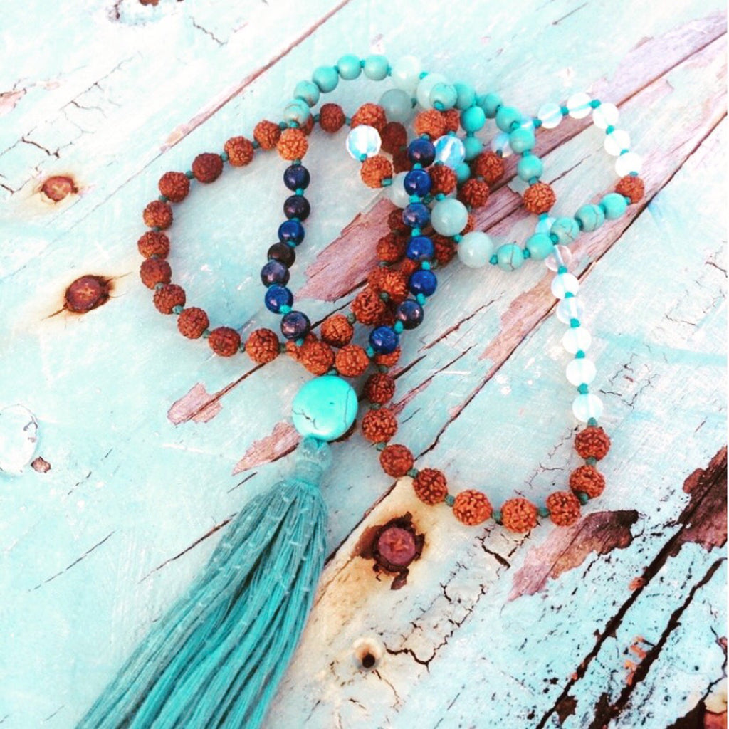 Yoga jewellery Mala prayer beads handmade from lapis turquoise moonstone, rudraksha