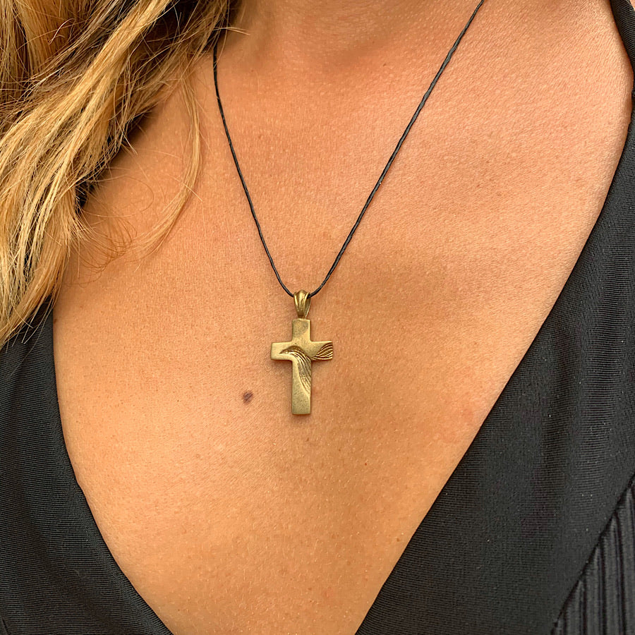 Cross pendant dove themed brass necklace