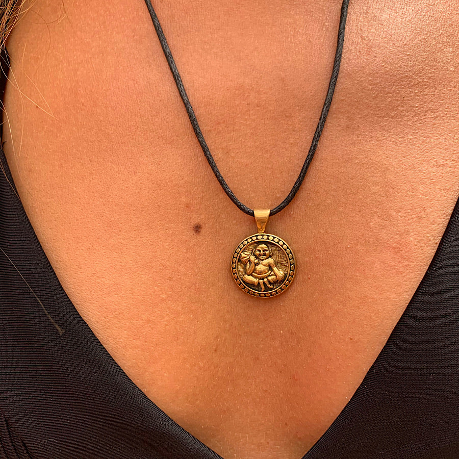 Laughing Buddha brass pendant necklace