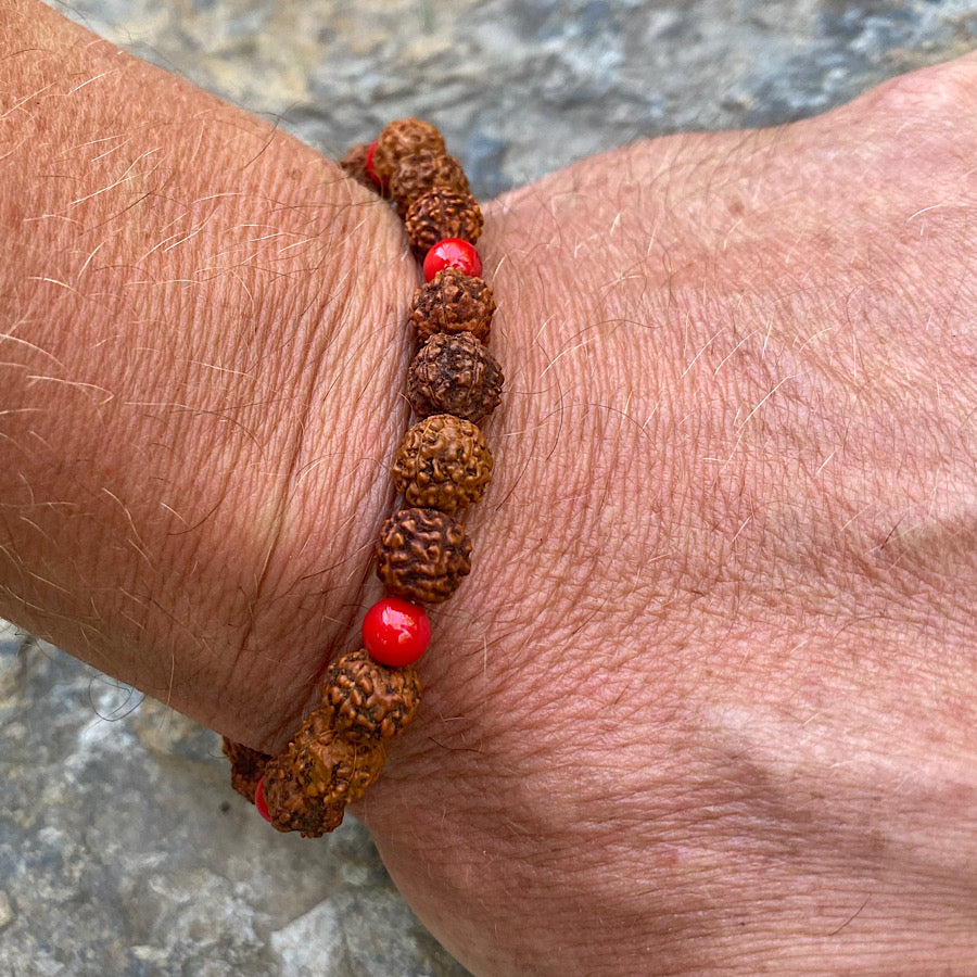 Wrist Mala Beads mens yoga bracelet, Red Coral, Rudraksha
