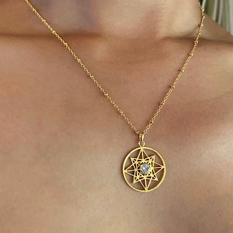 Goddess Venus Love Star Sacred Geometry Gold plated necklace with Zircon diamond centre