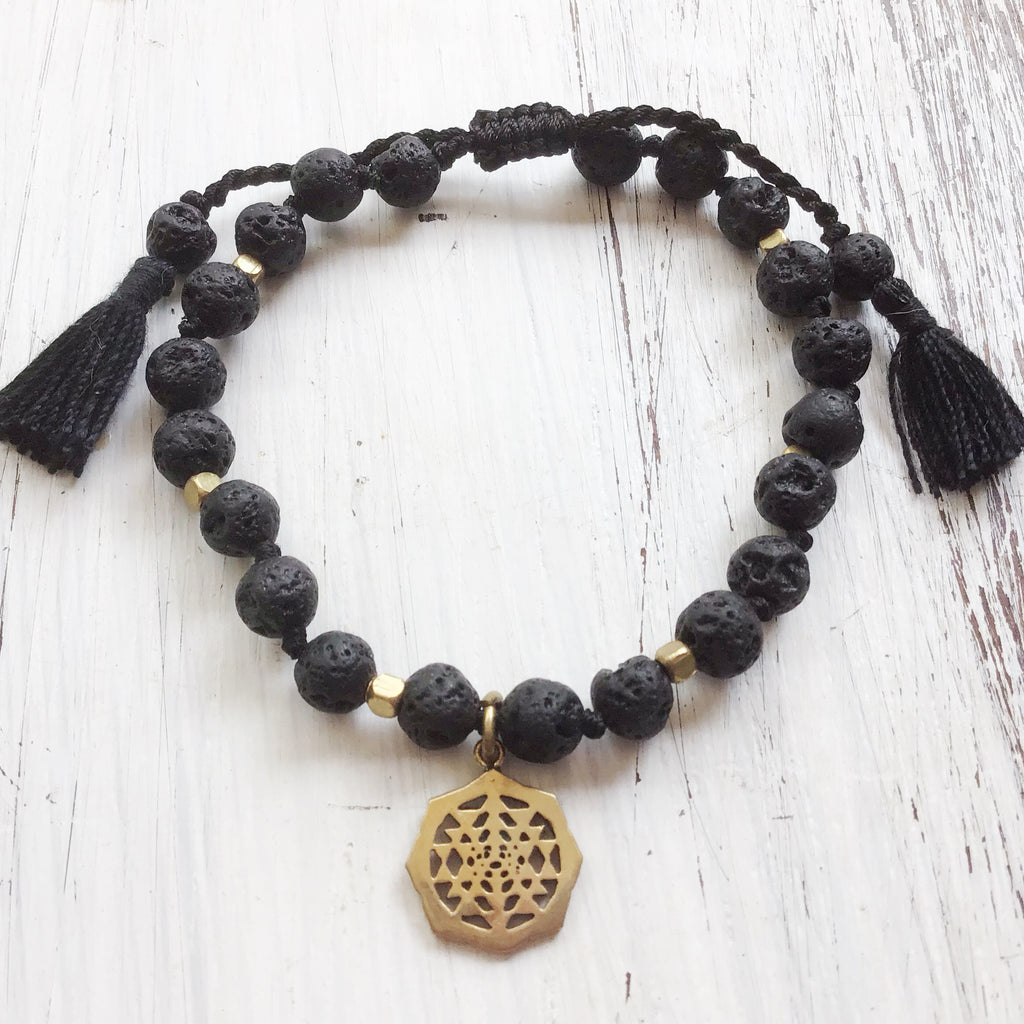 Lava Mala Beads Yoga Bracelet Brass Sri Yantra sacred geometry charm