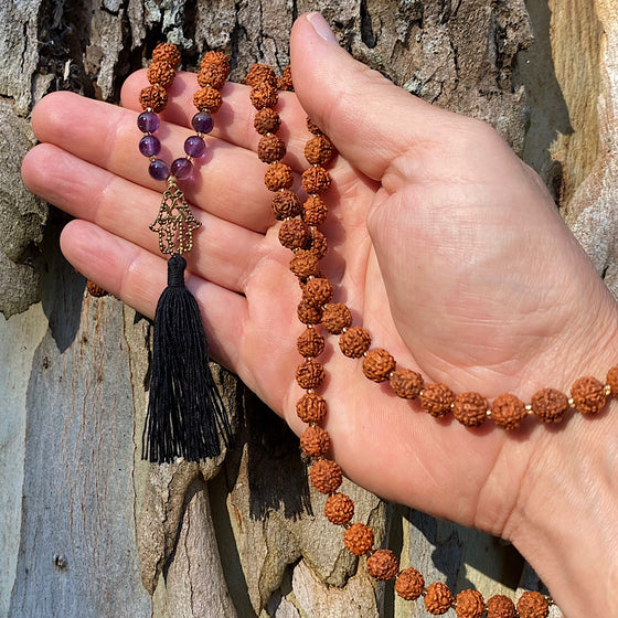 Mini Mala Prayer Beads 36 | 5 Mukhi Rudraksha | Malachite | Kriya Yoga |  Spiritual Yoga Jewelry | Japa Mantra Meditation | AUM Charm
