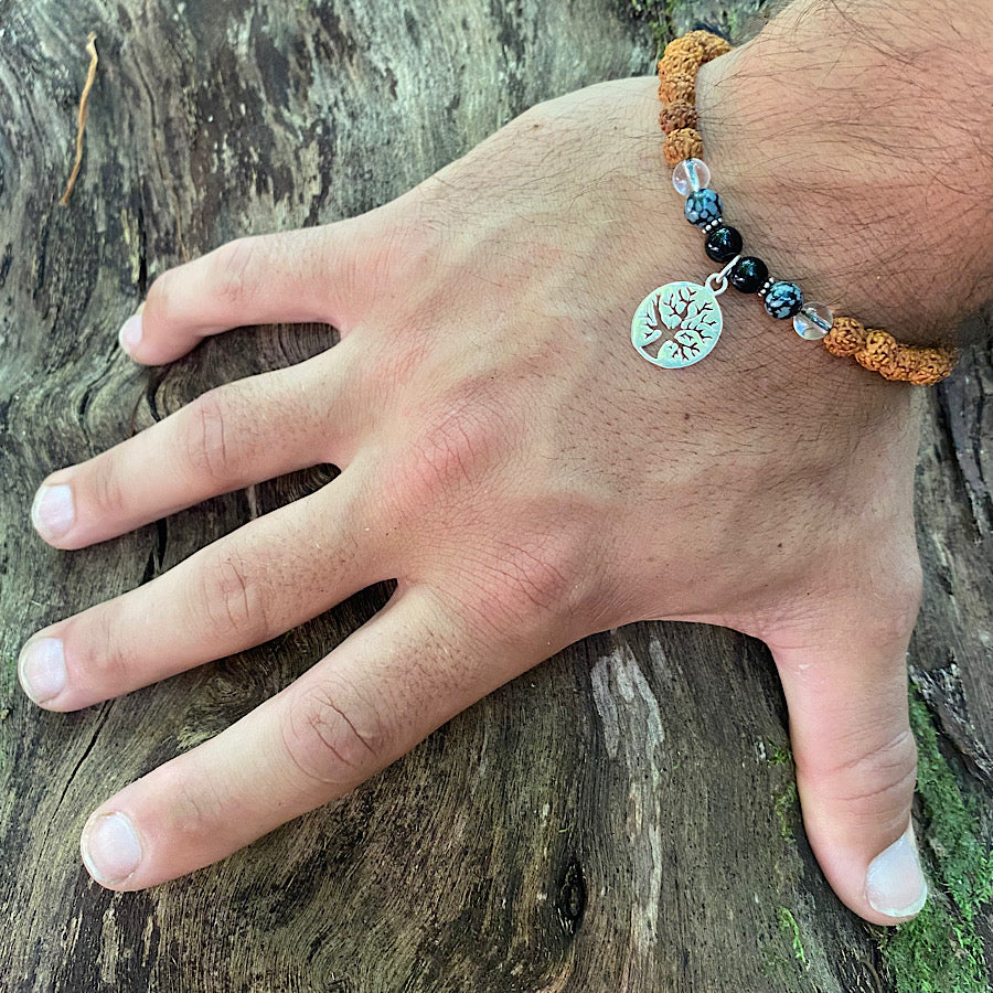 Tree of life wrist Mala Beads mens yoga bracelet, rudraksha, quartz, obsidian, onyx