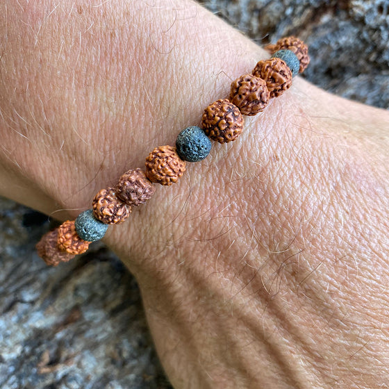 Wrist Mala Beads mens yoga bracelet, Lava Stone, Rudraksha