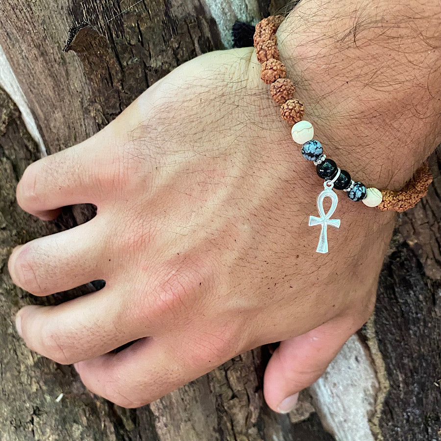 Ankh wrist Mala Beads mens yoga bracelet, rudraksha, howlite