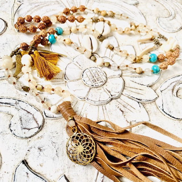 Sunflower sacred geometry Boho jewellery Mala Beads Yoga Necklace, Turquoise, Citrine, Jasper, Rudraksha