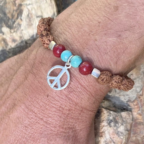 Peace symbol wrist mala mens yoga bracelet, rudraksha, red coral, turquoise
