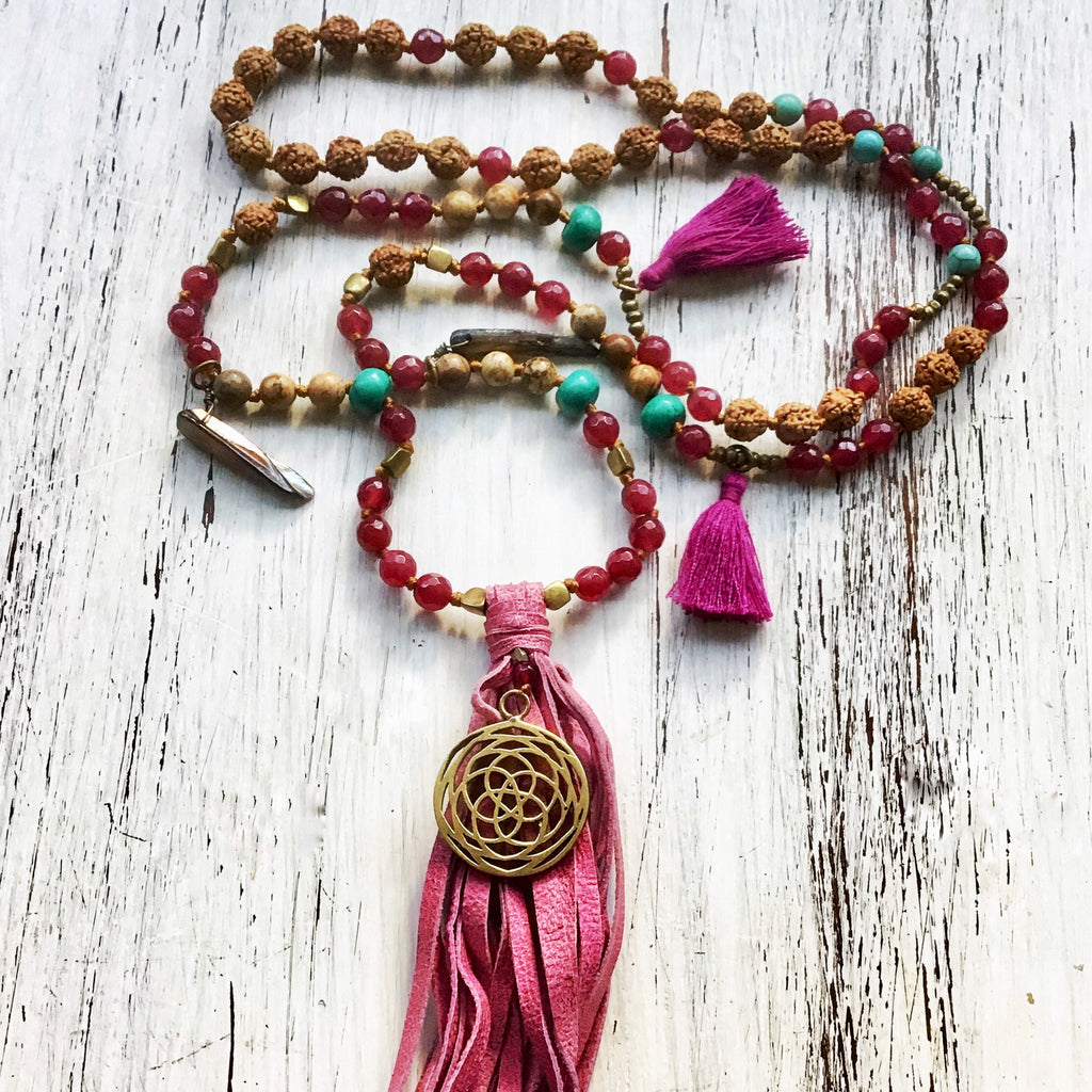 Rose Of Venus sacred geometry Boho Mala Beads Yoga Necklace, Ruby Quartz, Turquoise, Jasper, Rudraksha