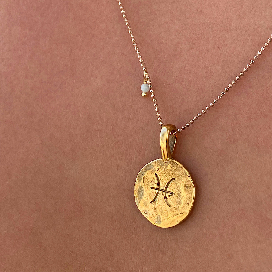 Pisces star sign Zodiac necklace Gold constellation pendant, Pisces Aquamarine birthstone