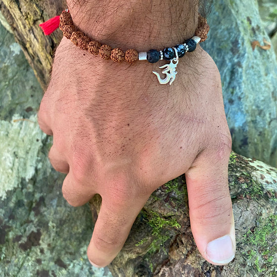 OM wrist Mala Beads mens yoga bracelet, obsidian, lava stone, rudraksha