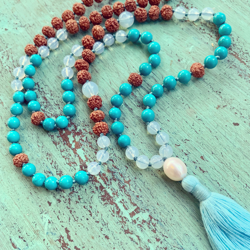 Mala prayer Beads yoga necklace handmade from turquoise, moonstone, pearl, rudraksha