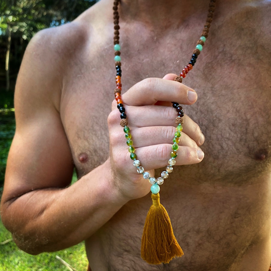 Mens mala beads yoga necklace Agate, jasper, rudraksha GAIA EARTH