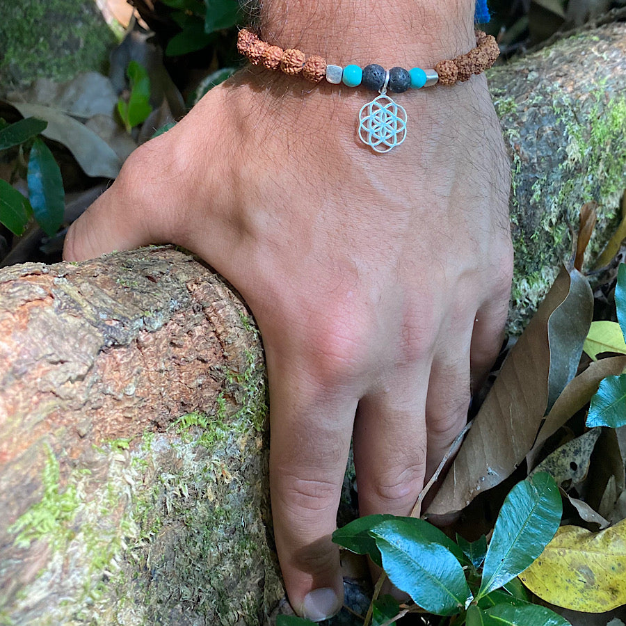 Seed of life sacred geometry wrist Mala Beads mens yoga bracelet, rudraksha, turquoise, lava