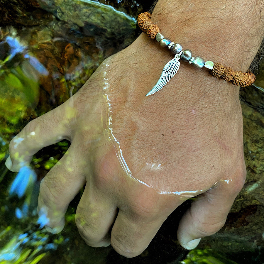 Angel wing wrist Mala Beads mens yoga bracelet, rudraksha, silver pearl