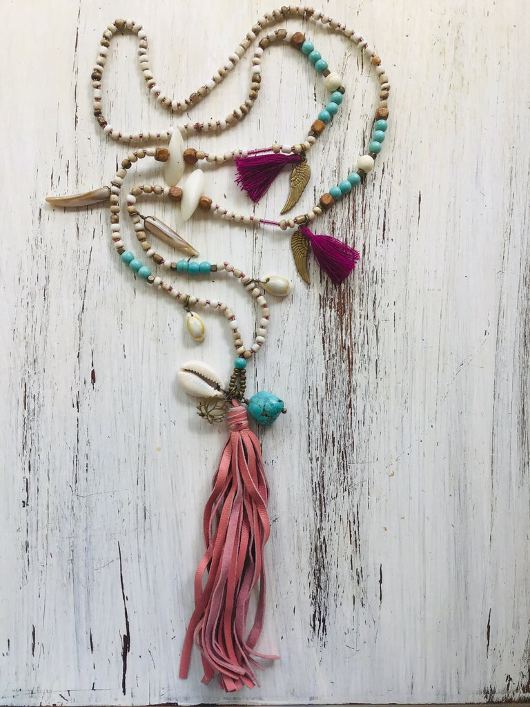 Lotus Mala Boho Necklace Turquoise, Howlite, wooden beads