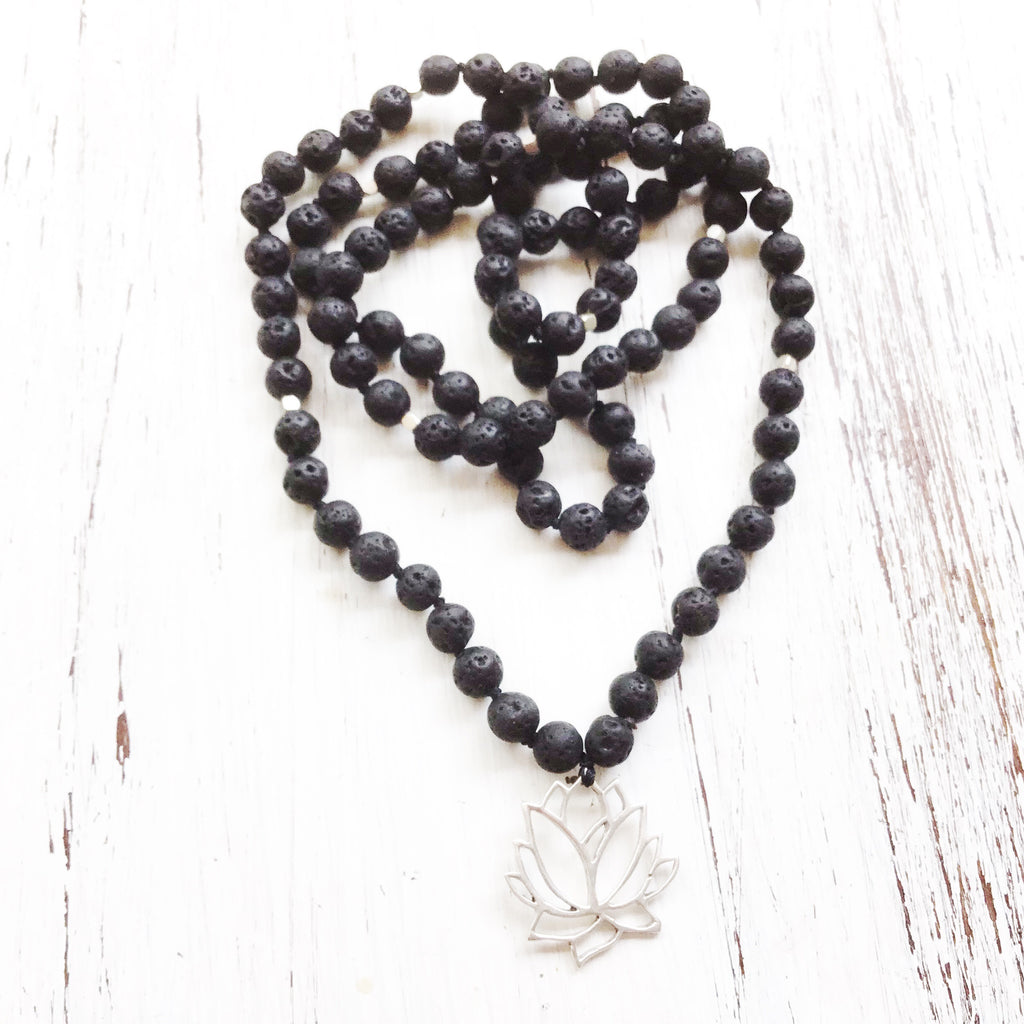 Lava Mala Prayer Beads yoga necklace silver Lotus pendant