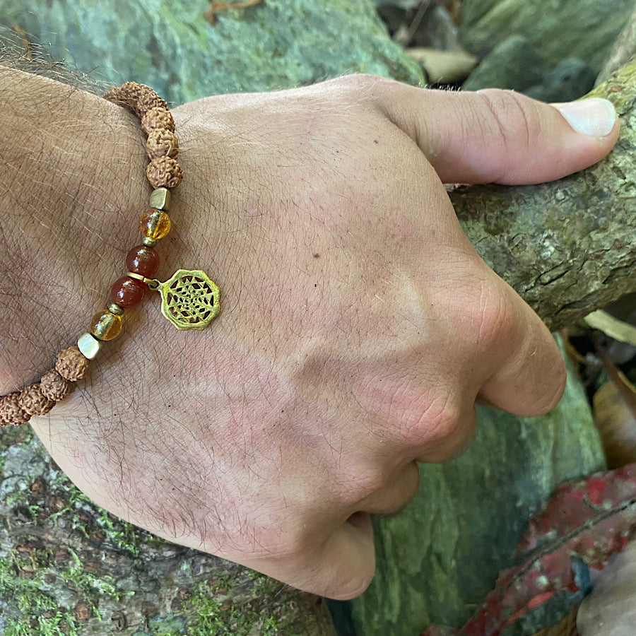 Sri yantra sacred geometry wrist Mala Beads mens yoga bracelet, rudraksha, citrine, carnelian agate