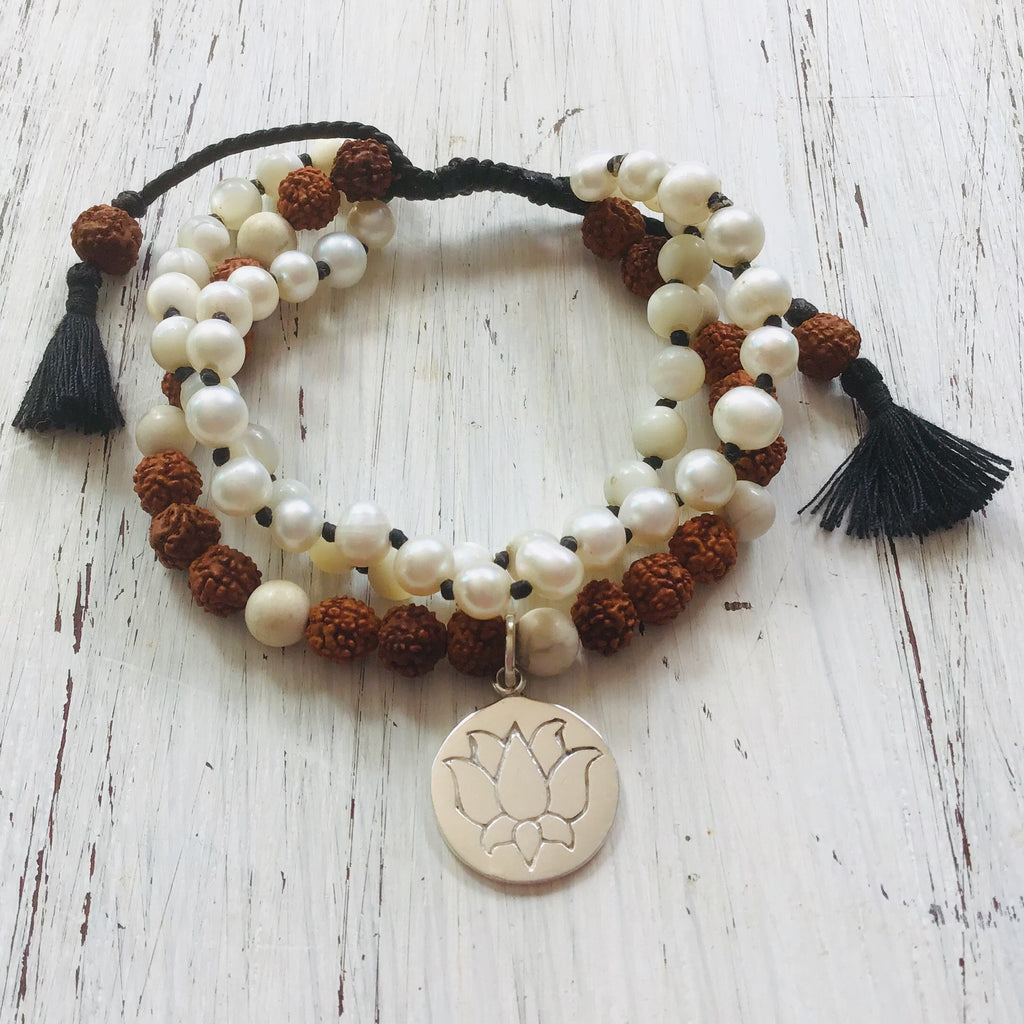White Lotus wrist Mala Beads yoga bracelet set: Pearl, Mother of Pearl, Rudraksha