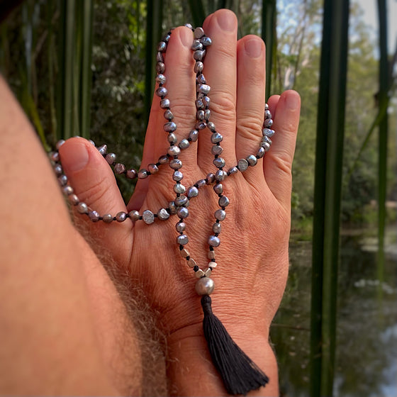 Mens Mala Beads Yoga necklace silver pearl MYSTERY