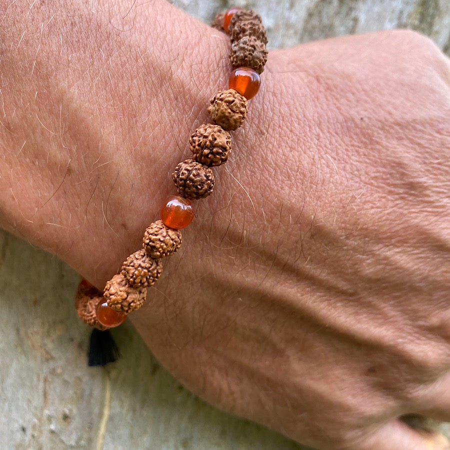 Wrist Mala Beads mens yoga bracelet, Carnelian Agate, Rudraksha