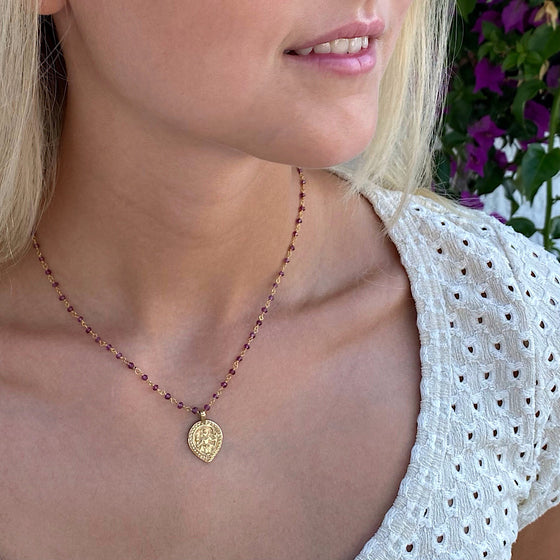 Goddess Aphrodite Love necklace 18k Gold, handmade chain of Rhodolite Garnet gemstones