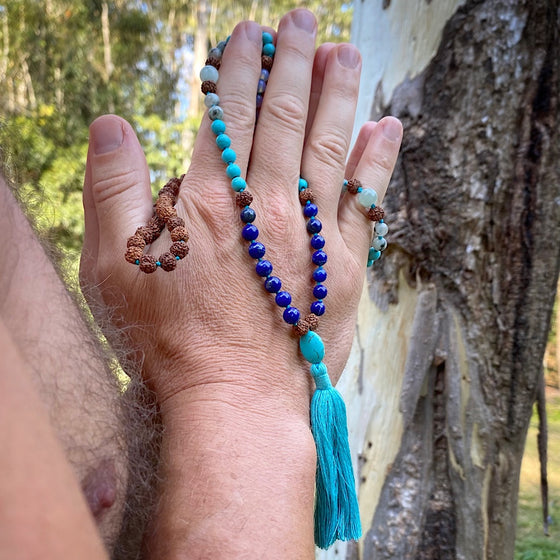 Mens Mala Beads yoga necklace Lapis, turquoise, moonstone, amazonite, rudraksha BLUE MOON