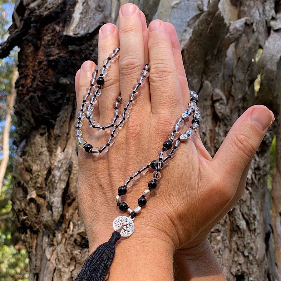 Mens Mala Prayer Beads yoga necklace Clear quartz & onyx TREE OF LIFE