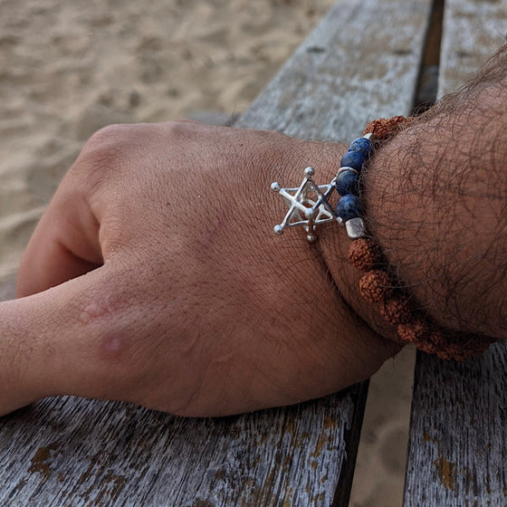 Merkaba Tantric Star Sacred Geometry Wrist Mala Beads mens yoga bracelet, rudraksha, lapis lazuli