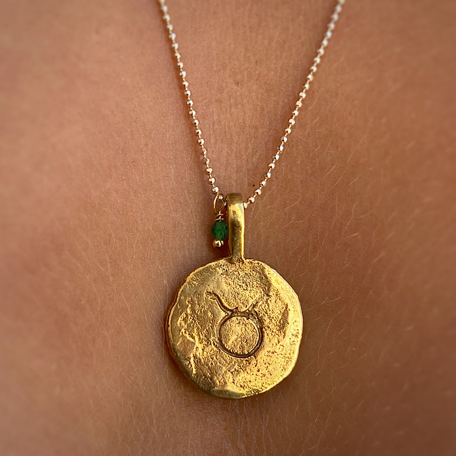 Taurus star sign Zodiac necklace Gold plated constellation, Emerald birthstone