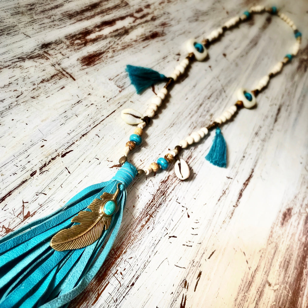 Feather Boho Mala Beads Yoga Necklace Turquoise gemstones