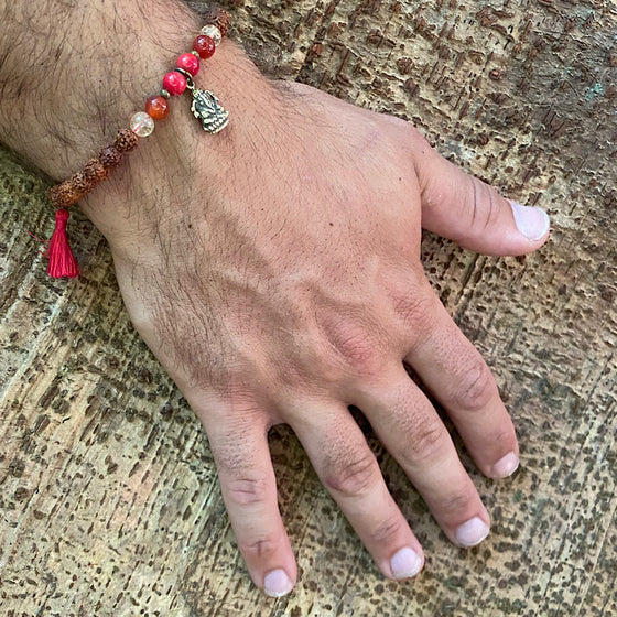 Ganesha wrist mala mens yoga bracelet, rudraksha, citrine, carnelian agate, red coral