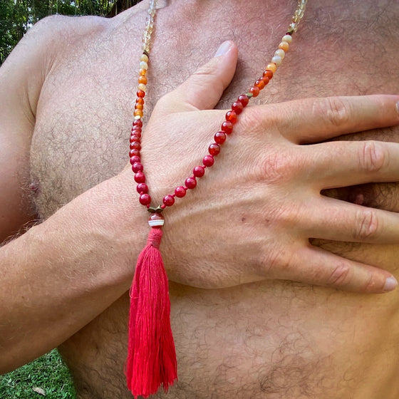 Mens Mala Beads yoga necklace Red Coral, Agate, Citrine, rudraksha SUNSET