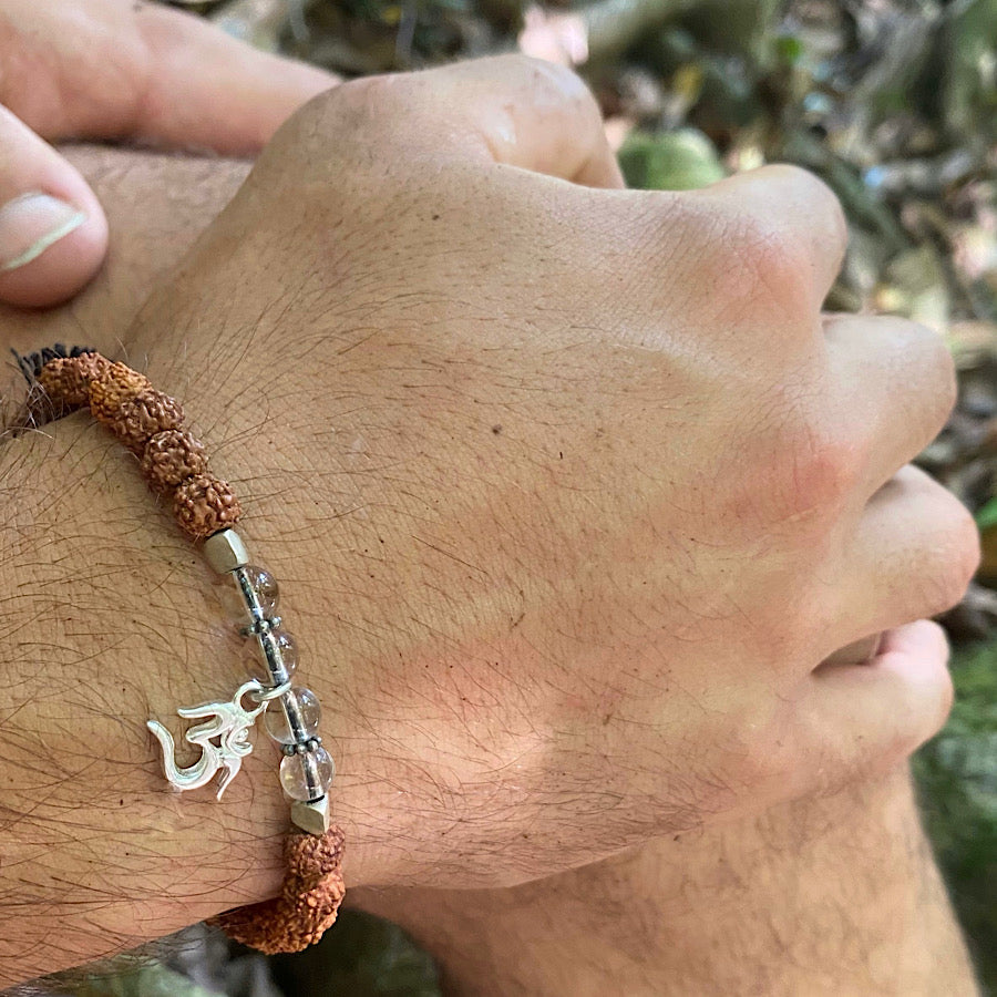 OM wrist Mala Beads mens yoga bracelet, rudraksha, clear quartz
