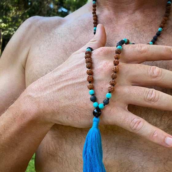 Mens Mala Beads yoga necklace Turquoise, Lava & Onyx, rudraksha OCEAN