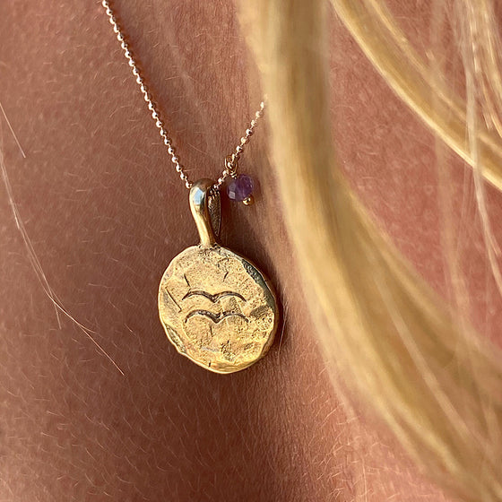 Aquarius star sign Zodiac necklace Gold constellation pendant, Amethyst birthstone