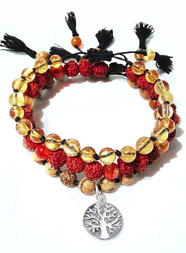 Tree Of Life wrist mala beads yoga bracelet set: Citrine, Carnerlian, jasper, Rudraksha