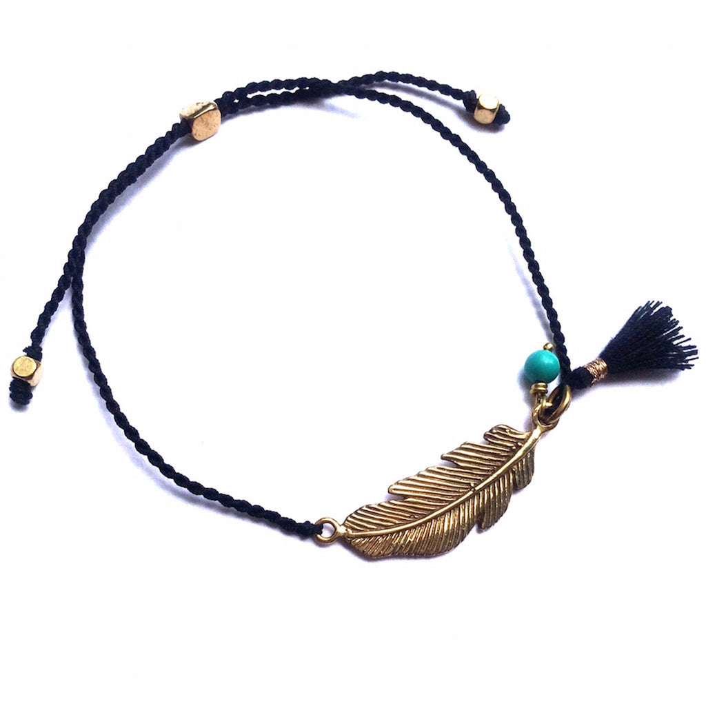 brass Feather charm bracelet with turquoise