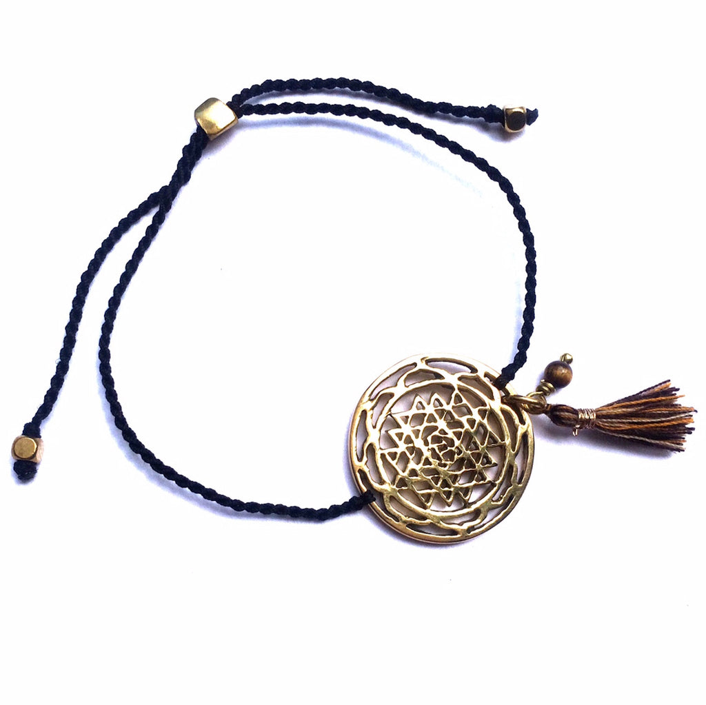 brass Sri Yantra charm bracelet with tigers eye 
