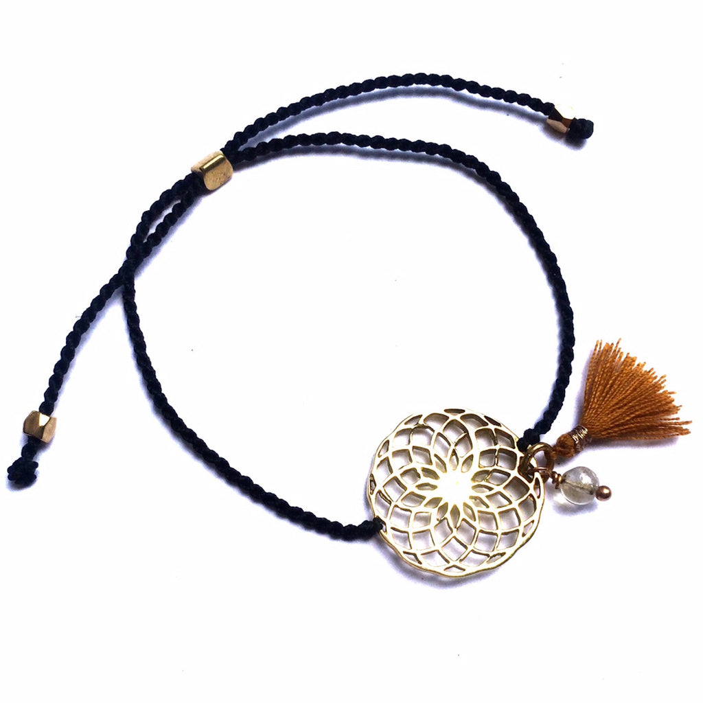 brass Sunflower charm bracelet with citrine - Heart Mala