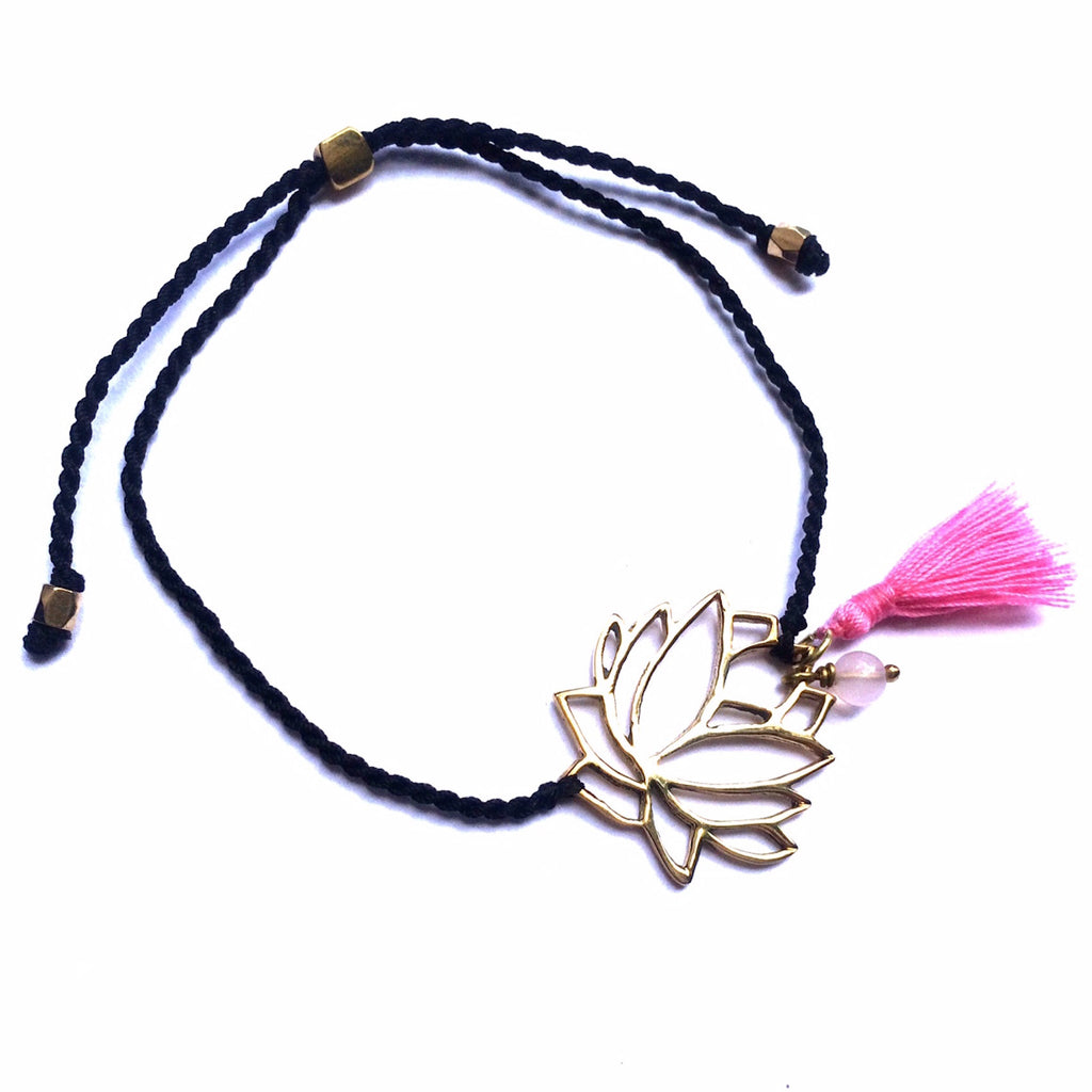 brass Lotus charm bracelet with rose quartz - Heart Mala