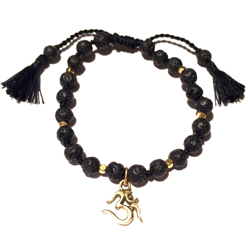 Lava stone wrist Mala beads handmade yoga bracelet brass OM 
